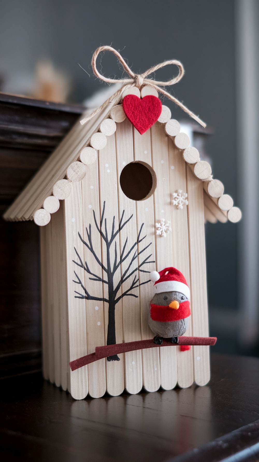 A winter birdhouse made from popsicle sticks featuring a tree, snowflakes, and a felt bird with a Santa hat.