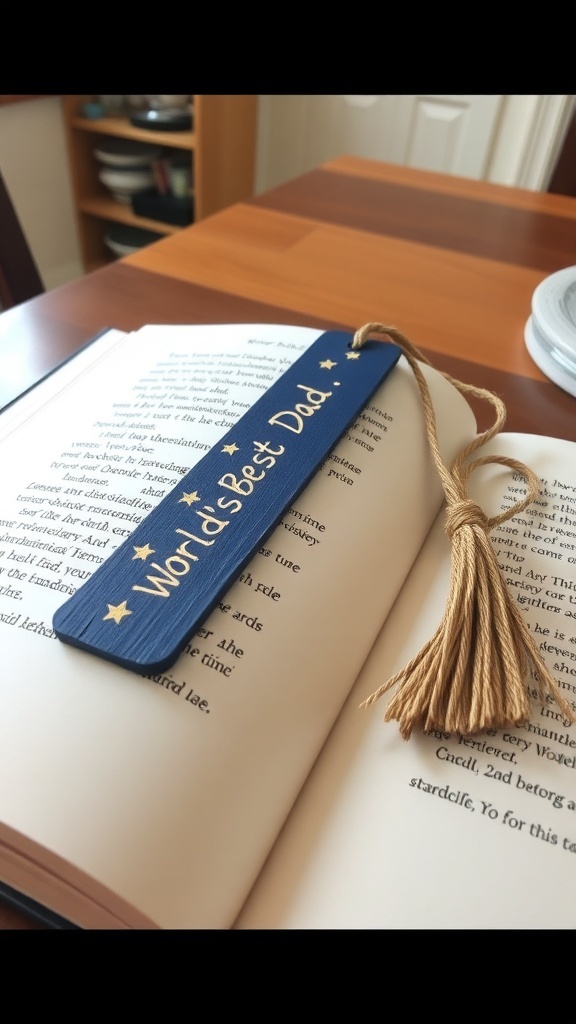 A blue popsicle stick bookmark with the text 'World's Best Dad' positioned inside an open book.