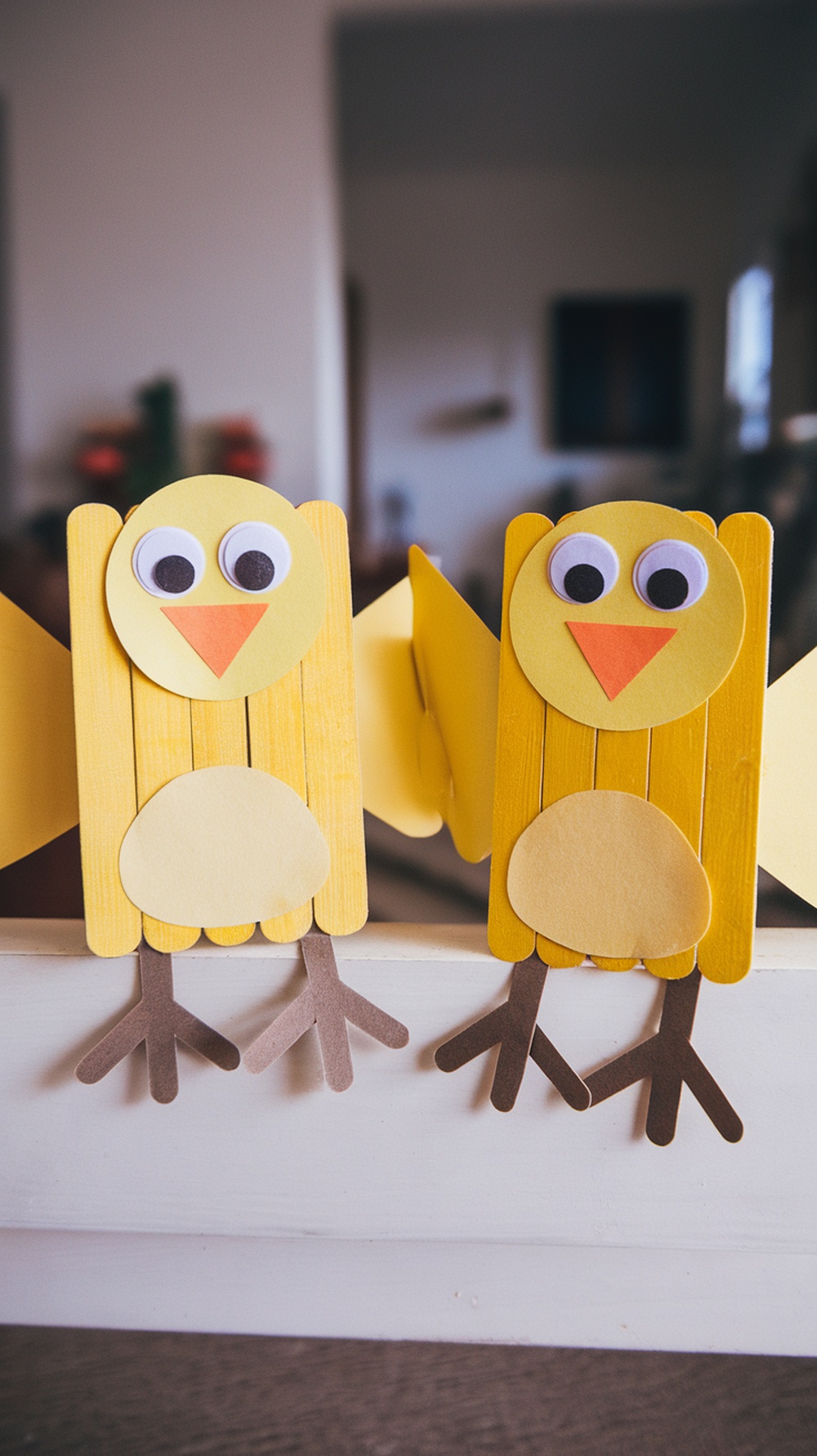 Two colorful yellow chick crafts made from popsicle sticks and construction paper, showcasing their googly eyes and perched on a branch.