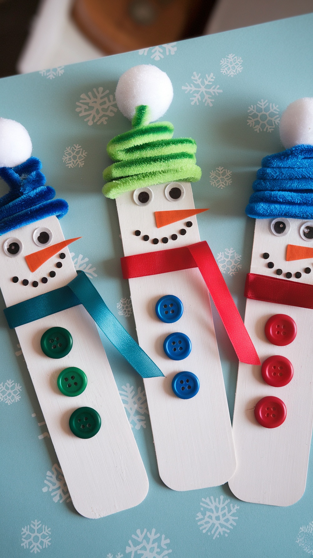 Three colorful popsicle stick snowman bookmarks, decorated with buttons, ribbons, and pom-pom hats on a snowy background.