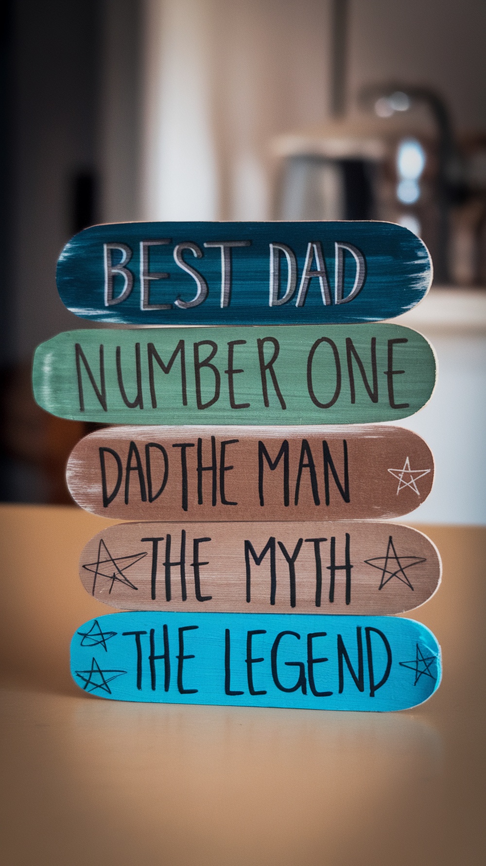 Colorful popsicle stick magnets with messages for Father's Day.