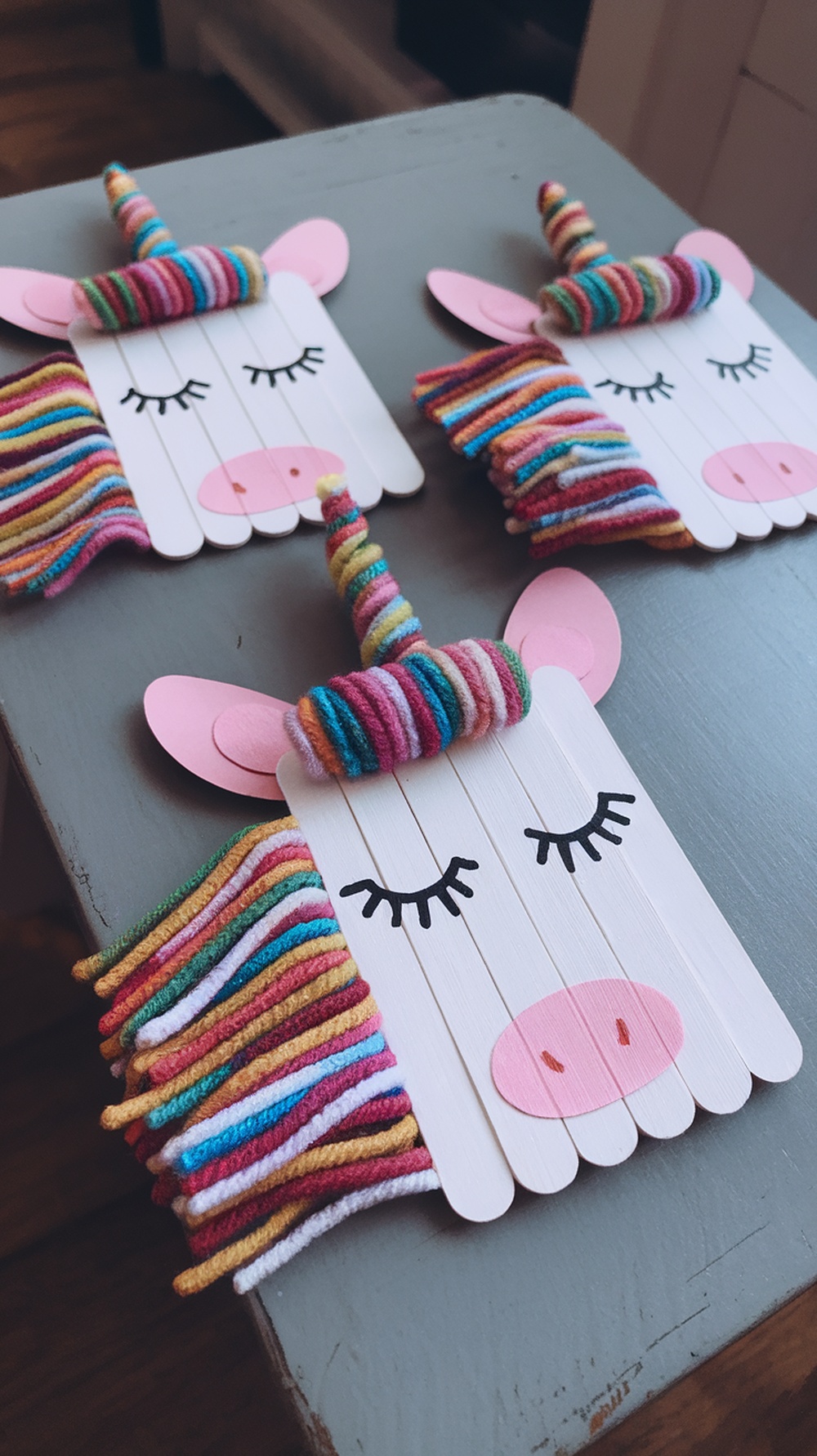 Three handcrafted popsicle stick unicorn panels with colorful yarn.