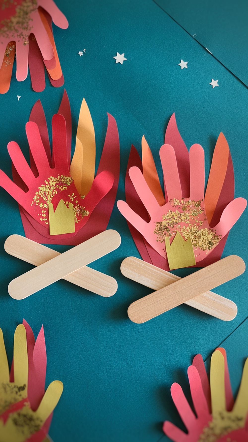 Colorful Popsicle Stick Handprint Campfire craft made with handprints and sticks
