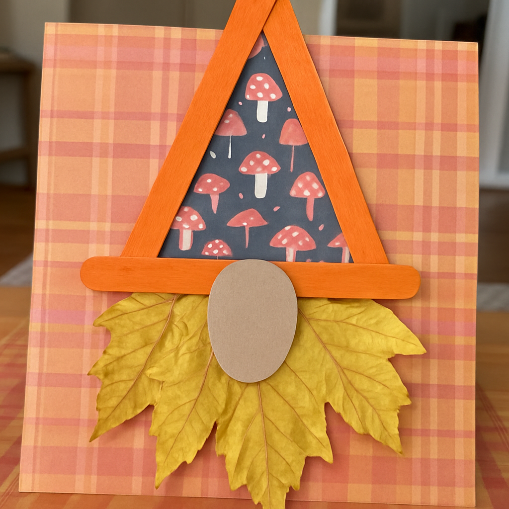 A crafted mushroom gnome using popsicle sticks, colored paper, and dried leaves, showcasing a whimsical fall theme.