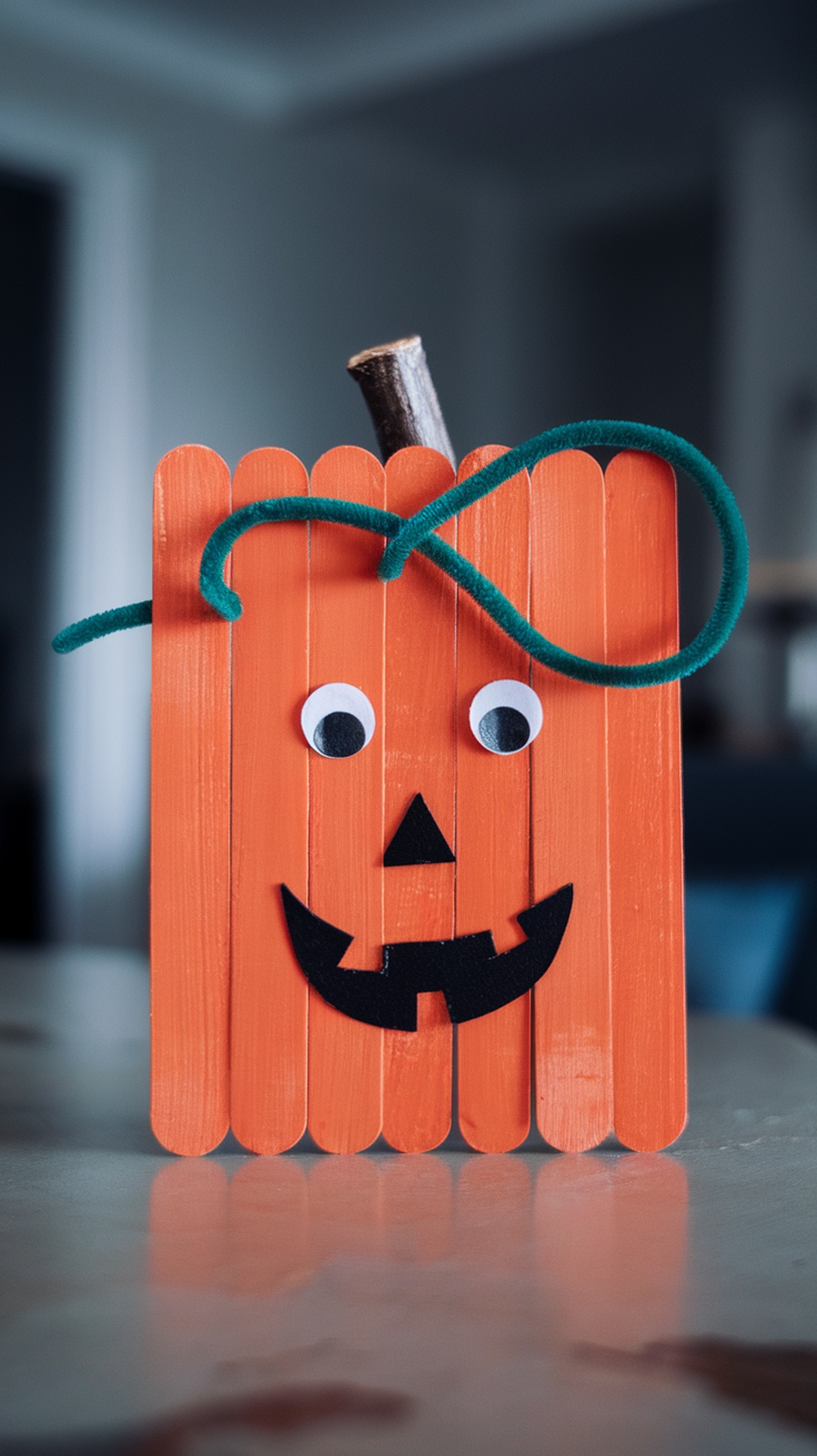 Colorful standing pumpkin made from popsicle sticks and craft materials