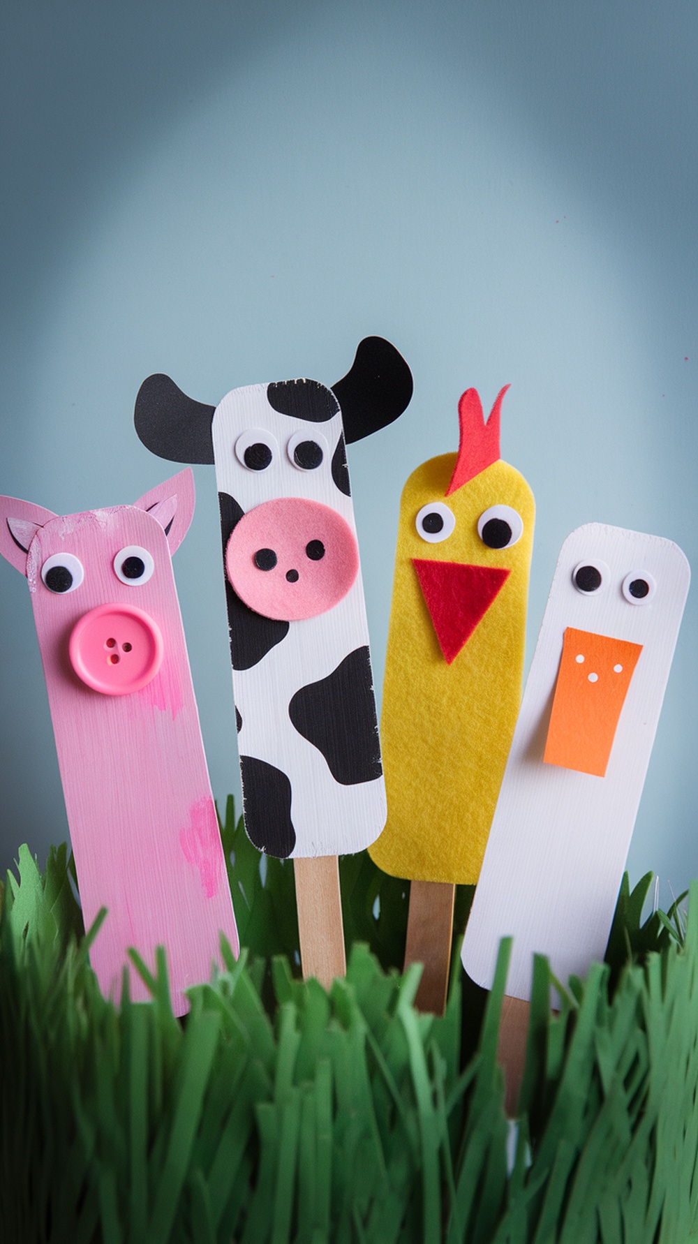 Crafted popsicle stick farm animal puppets including a pig, cow, chicken, and duck, placed among green grass.