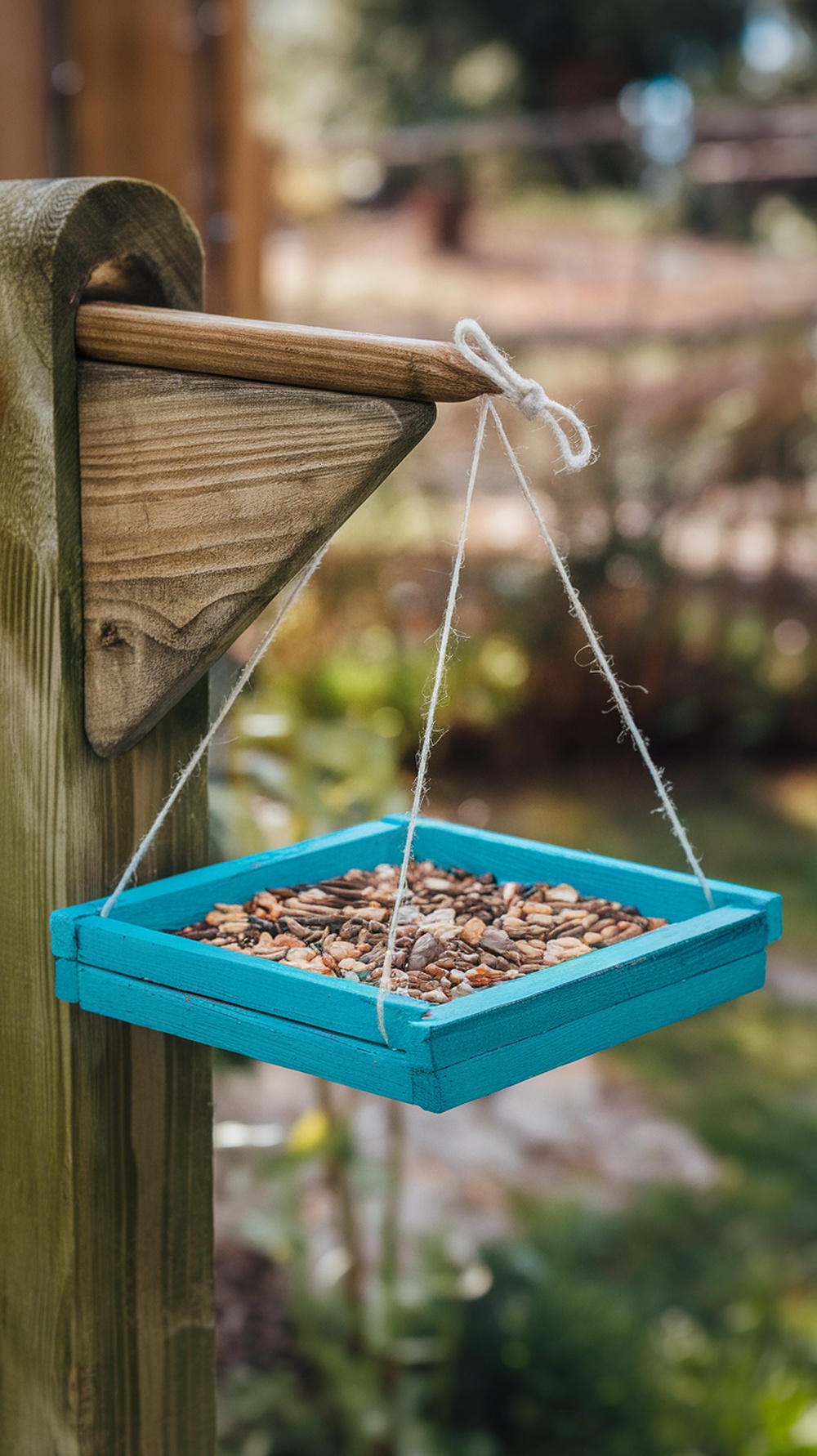 A blue popsicle stick bird feeder tray filled with seeds, hanging from a wooden frame in a garden.