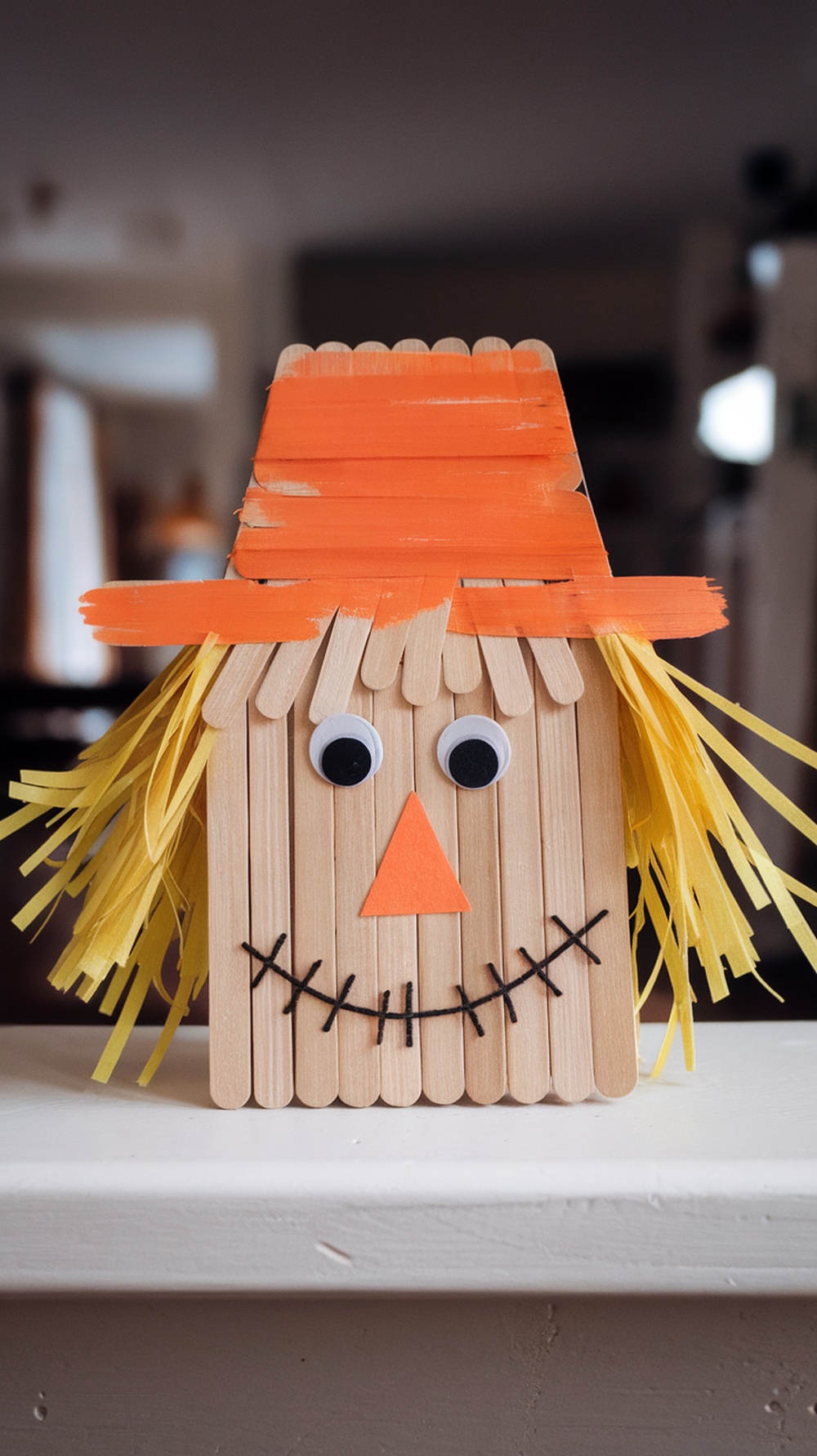 A colorful popsicle stick scarecrow with a bright orange hat, wiggly eyes, and yellow hair.