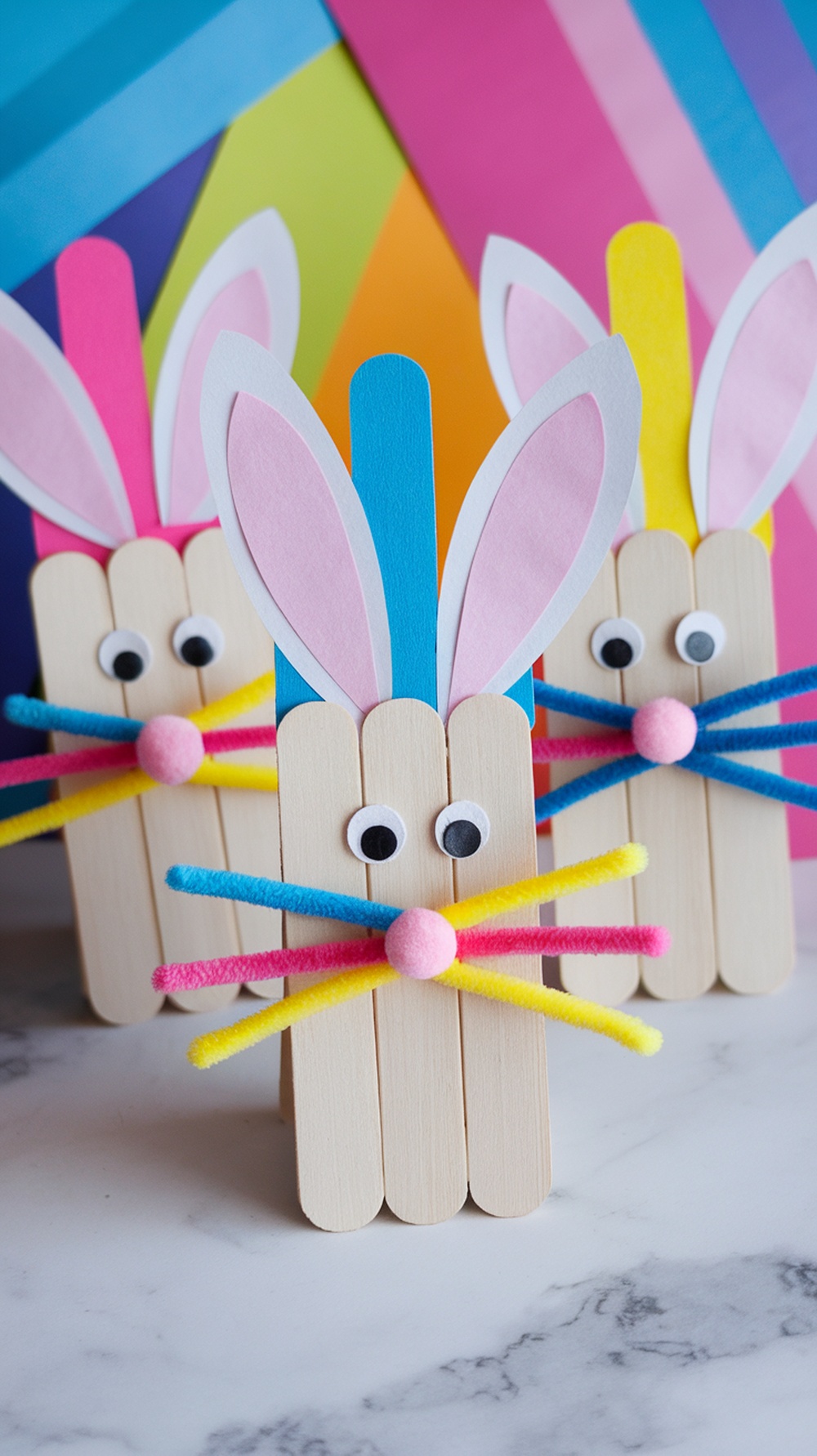 Colorful popsicle stick Easter bunnies with construction paper ears and pipe cleaner whiskers