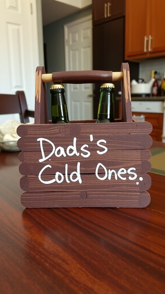 A handcrafted popsicle stick beer caddy with the text 'Dad's Cold Ones.'