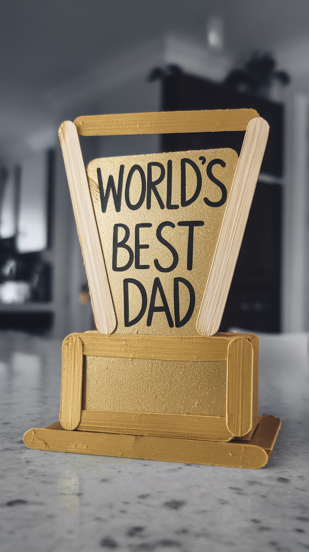 Popsicle stick trophy decorated with a gold finish and inscribed 'Best Dad D.'