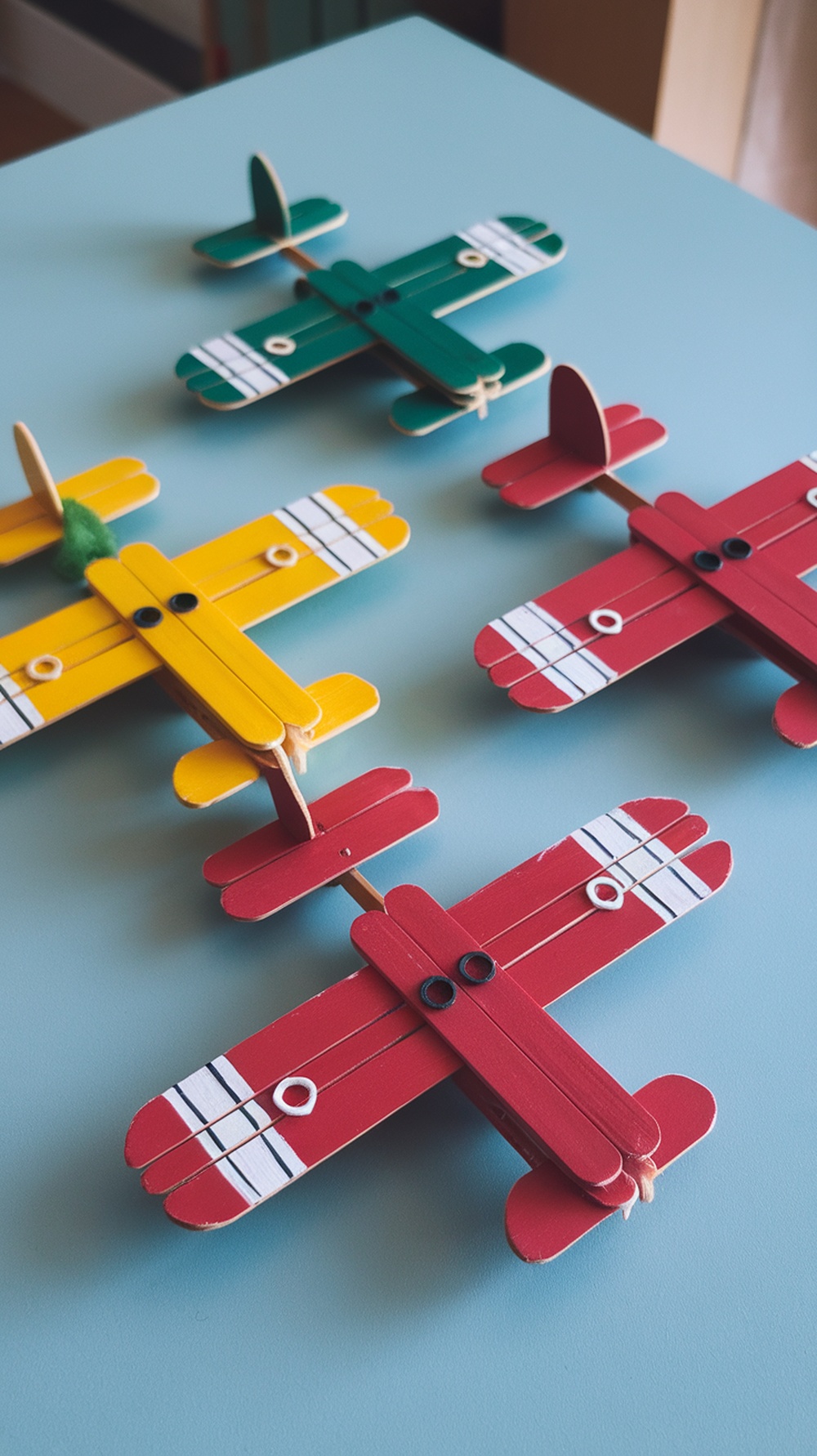 Colorful popsicle stick aeroplanes crafted by kids, showcasing creativity.