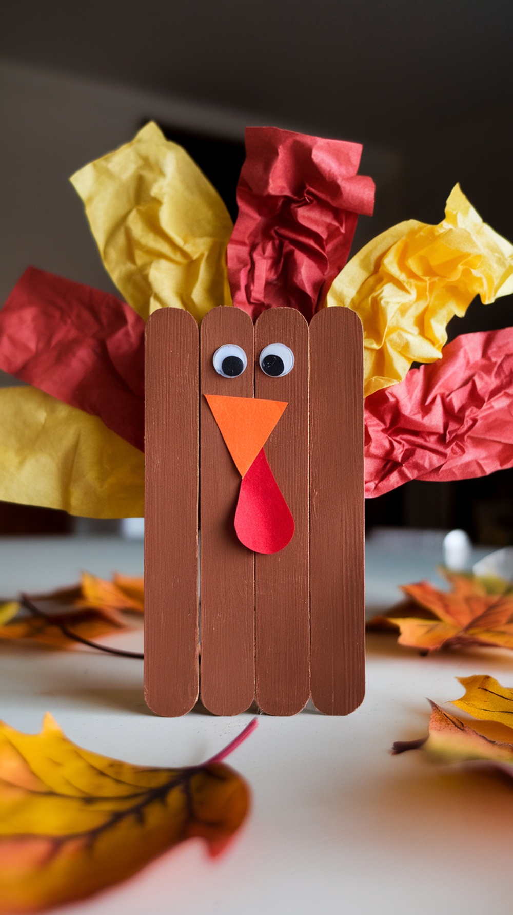 Crafted turkey from popsicle sticks decorated with colorful tissue paper leaves