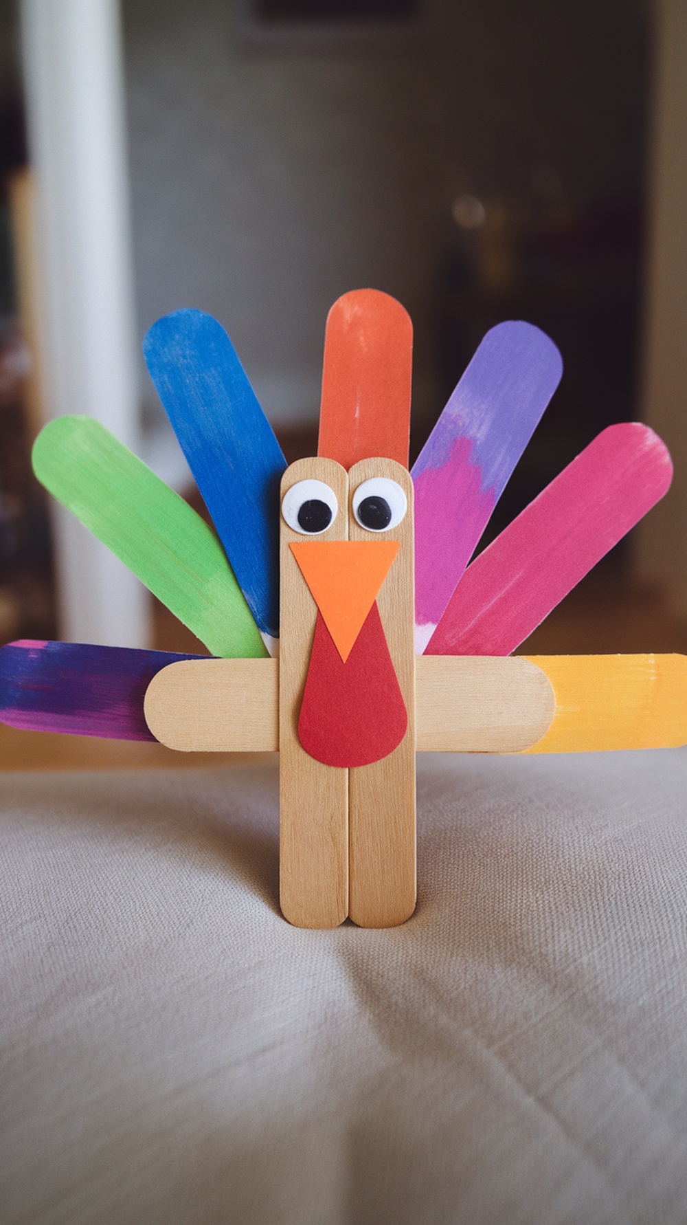 A colorful turkey made from popsicle sticks with vibrant rainbow feathers.