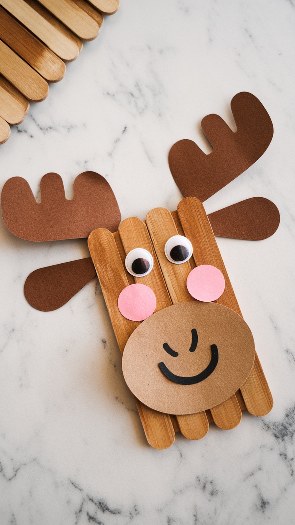 A cute popsicle stick moose face craft featuring wooden sticks, googly eyes, and pink cheeks.