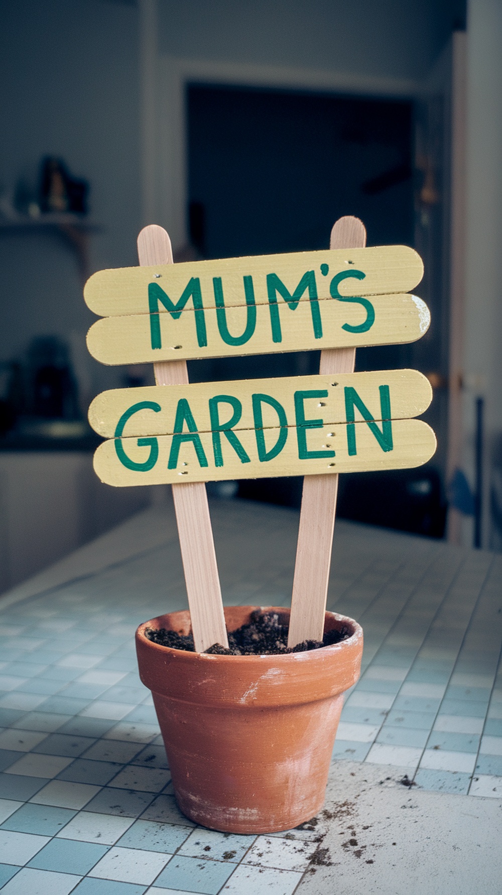 A DIY garden sign made from popsicle sticks, saying 'Mum's Garden', placed in a terracotta pot.